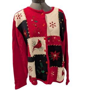Vintage 90's Christmas patchwork cardigansweater embroidered bird‎ Women's XL